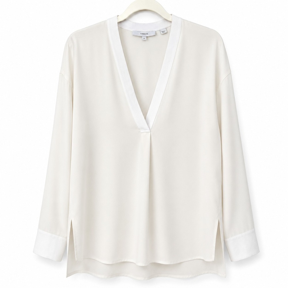 Vince XL 100% Silk Blouse Ivory White V Neck Long Sleeve Tunic Oversized